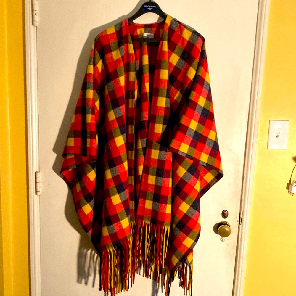 Vintage Pendleton Plaid Virgin Wool Shrug Wrap Fringe Open Front Poncho *RARE*